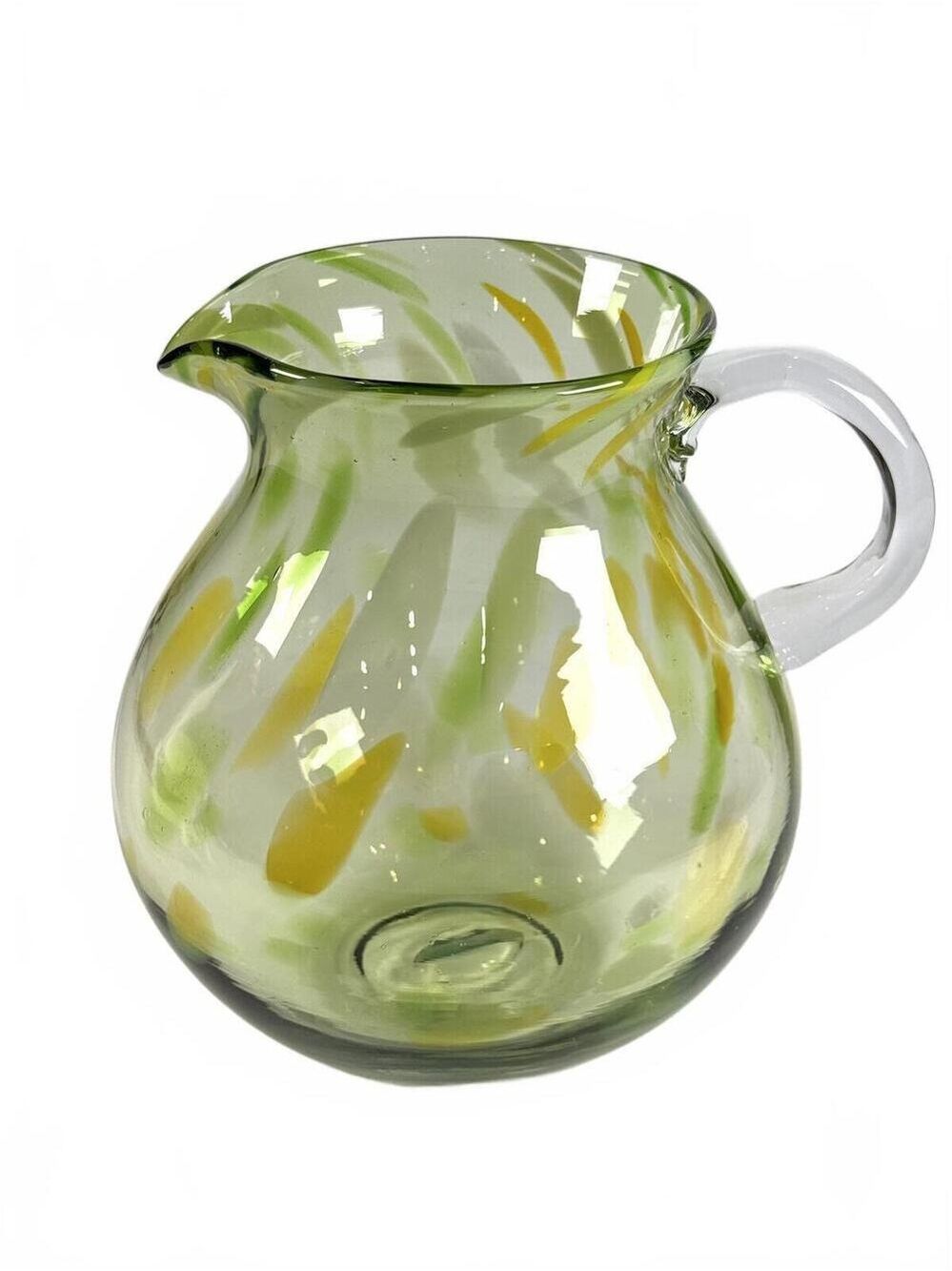 Vintage Hand Blown Green Art Glass Pitcher Jug Yellow Green Confetti Inclusions